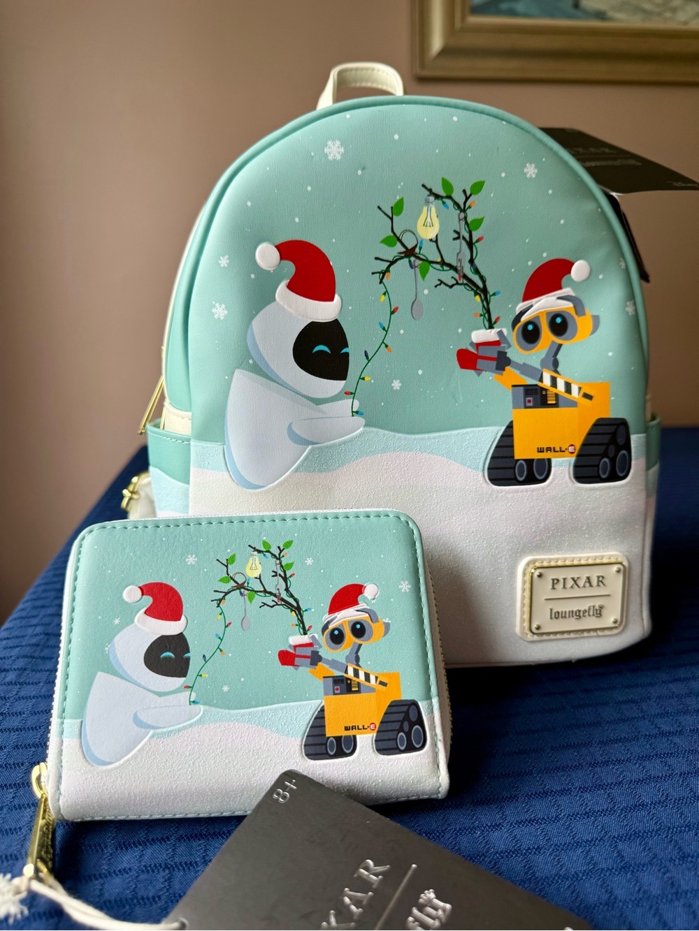 Loungefly Pixar WALL-E & EVE Christmas Holiday Mini Backpack & Wallet Set NWT